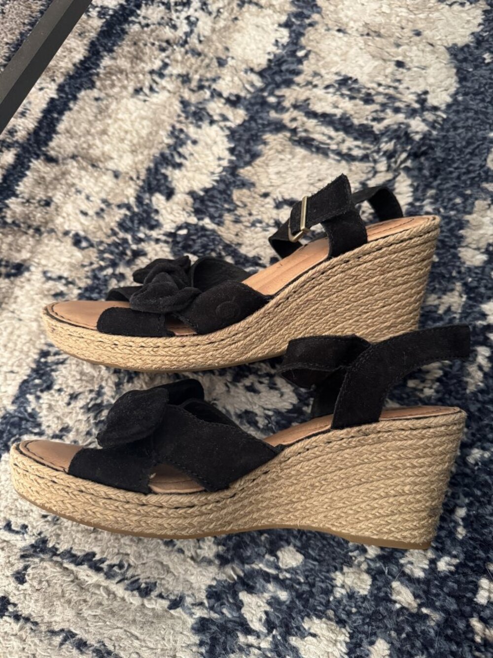 Born Size 8M Women's Black Suede Espadrille Wedge Sandals with Bow Detail Slingb